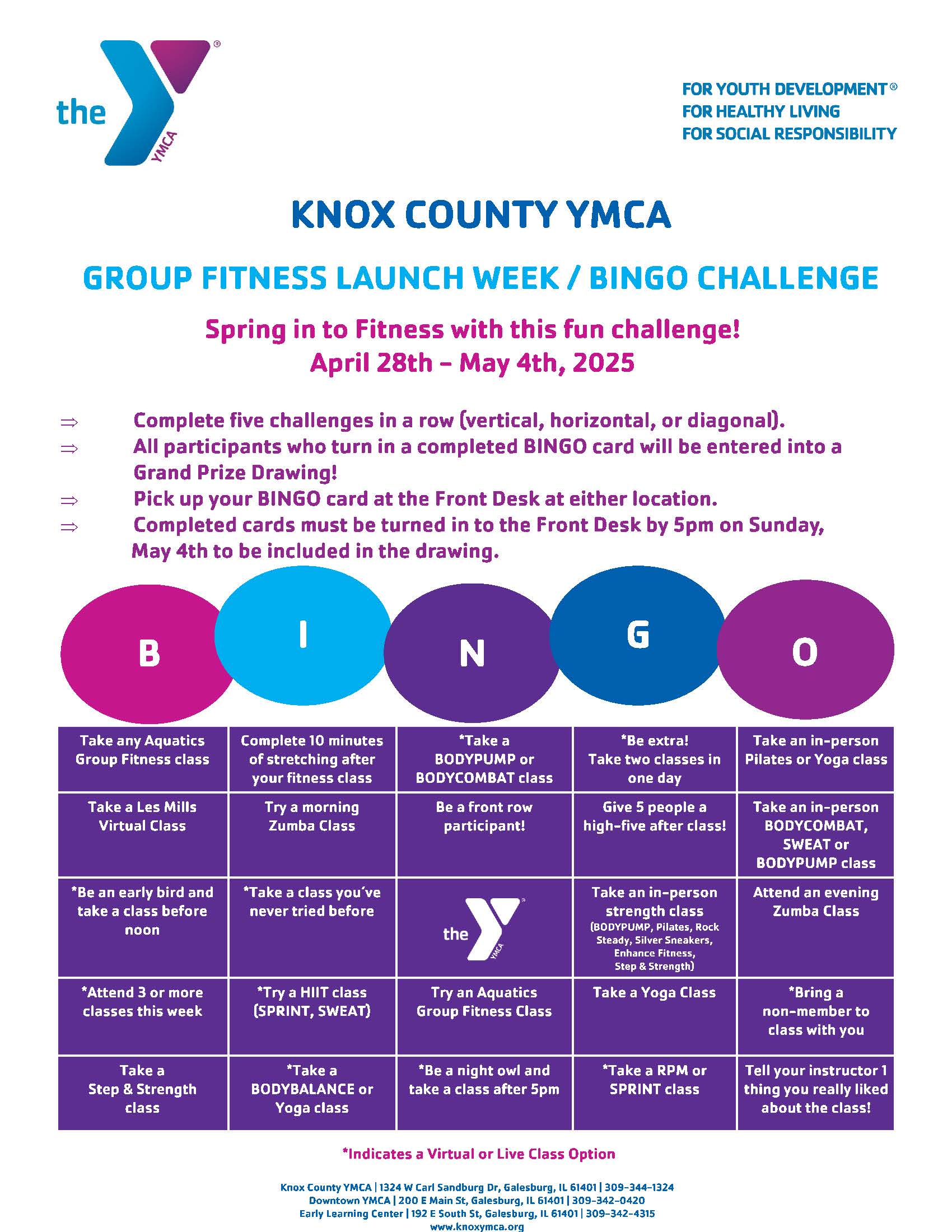 Group fitness bingo flyer 2025